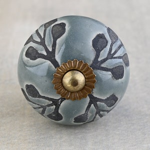 Round Dark Gray Designer Petals on Grey Ceramic Dresser Cabinet Knob