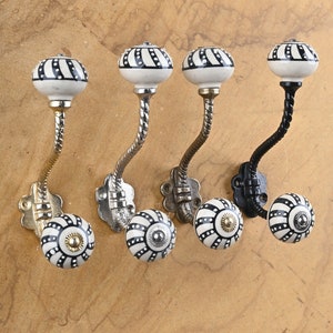 Handmade Ceramic Blue Pottery Wall Hooks - White  Black Vintage Metal Furniture & Bath Hangers