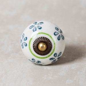 May include: White ceramic knob with a green and blue floral design and a brass center.