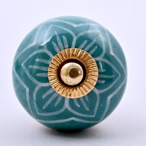 Handmade Aqua Blue & White Floral Design Ceramic Cabinet Knob