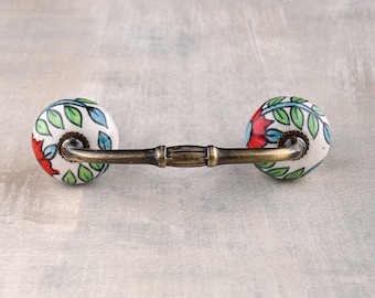 Witte keramische keukenkastgreep met veelkleurige bloemenprint (verkocht per set)