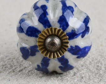 Pomello per mobile in ceramica dipinta a mano, grigio e blu, con raccordi in ottone