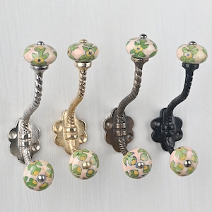 Cream Floral Ceramic Wall Hooks | Handmade Blue Pottery Hanger | Vintage Metal Furniture & Bath Hardware Hooks