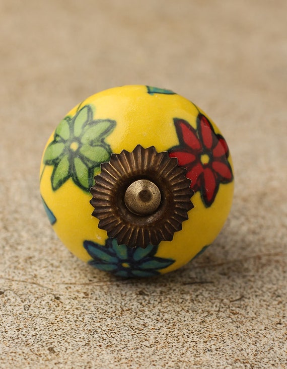 Hand-Painted Ceramic Knob: Red, Green & Turquoise Flower Design