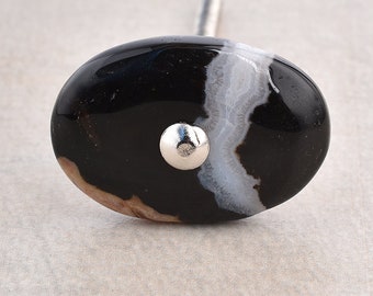 Handcrafted Agate Gemstone Cabinet Knob: Black, White, and Brown