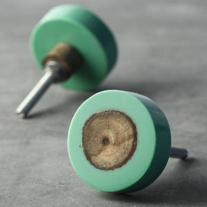 May include: Two green and wood cabinet knobs with a silver screw. The knobs are round and have a wood circle in the center.