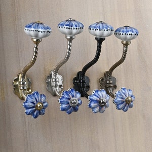 Blue & White Handmade Ceramic Wall Hook Vintage Metal Hooks Decorative Furniture Hardware Bath Hooks