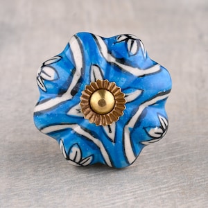 Elegant Turquoise and White Floral Leafy Melon Shape Ceramic Cabinet Drawer Knob
