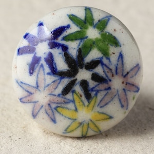 Ceramic Cabinet Knobs Set - Yellow, Green & Blue Floral Design for Home Decor, Unique Drawer Hardware, Handmade Pottery Knobs