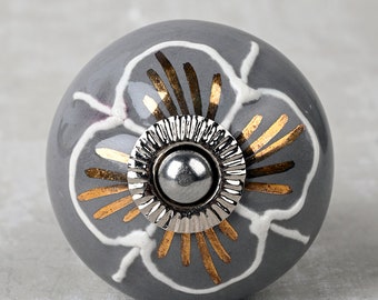 Handmade Gray Floral Ceramic Cabinet Knob - Home Decor Accent