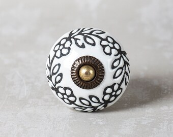 Handmade Ceramic Cabinet Knob: Black & White Embossed Floral Pattern