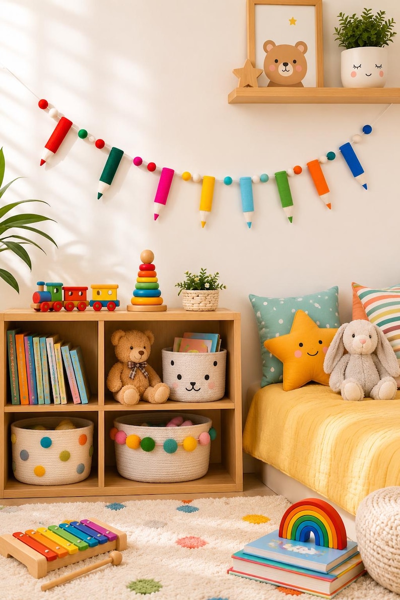 May include: A colorful felt garland featuring pencil-shaped ornaments and small spheres in red, green, pink, yellow, blue, and orange, strung on a white cord and displayed against a wall above a wooden shelving unit filled with toys and books.