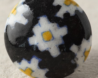 Hand Painted Black White Yellow Floral Ceramic Cabinet Knob – Decorative Drawer Pull, Boho Furniture