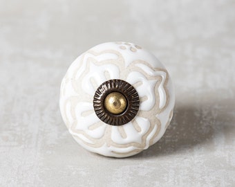 Handmade Embossed Ceramic Cabinet Knob: White Round Kitchen Hardware