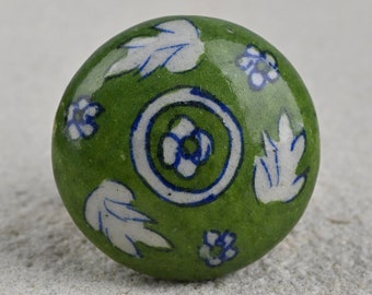 Green and White Floral Ceramic Cabinet Knob (Sold in Sets)