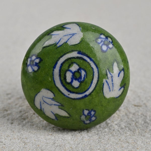 Green and White Floral Ceramic Cabinet Knob (Sold in Sets)
