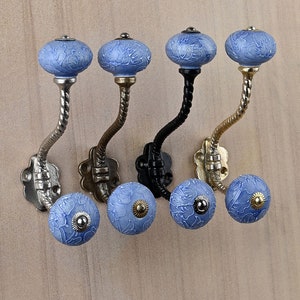 Purple Embossed Handmade Ceramic Wall Hook | Vintage Metal Coat Hook | Bath Hardware Hook | Decorative Wall Hook for Towels & Coats