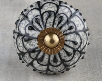 Hand Painted Grey Ceramic Drawer Knob: Black Crackle Embossed Print
