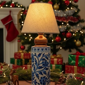 Handmade Blue Pottery Table Lamp | Ethnic Floral Cylinder Base