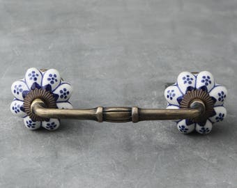 Blue Floral Ceramic Drawer Pulls: Vintage Kitchen Cabinet Knobs
