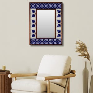 Blue  & Floral White Tile Mirror - Decorative Wall Mirror For Home Decor, Unique Gift Idea, Boho Chic Style, Vintage Accent