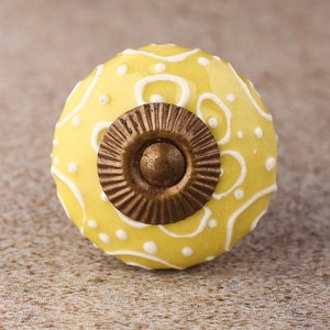 White Embossed Design with Yellow base Kitchen Handle Drawer Knob (Sold In Sets)