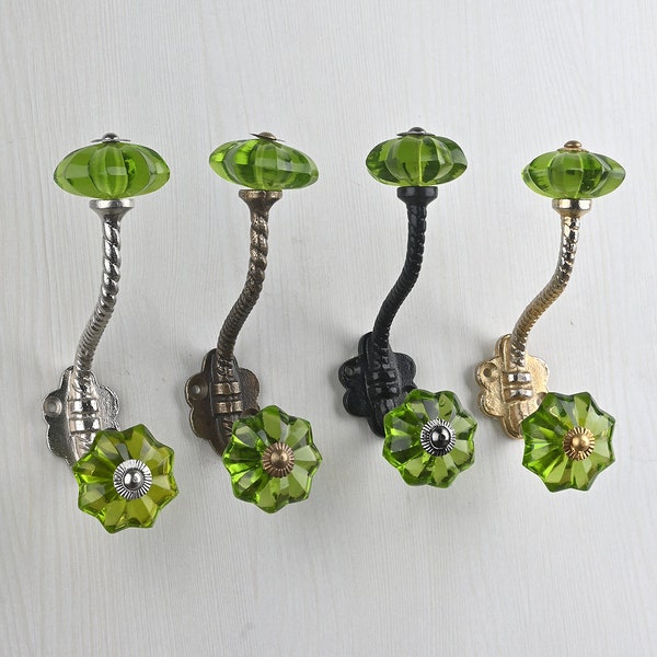 Antique Green Flower Shape Handmade Decorative Glass Hanger |Vintage Wall Hook| Metal Wall Hooks | Furniture Hardware Hooks |Bath Hooks