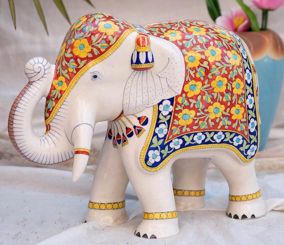 陶器製インド風象の置物 ゾウ 象 インド象 置物 陶器 籠 幸運 縁起物 幸せ ブルー