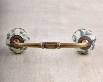 Handmade Green and White Ceramic Cabinet Handle, Floral Drawer Pull