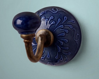 Dark Blue Embossed Ceramic Wall Hook | Bathroom Hooks & Kitchen Coat Hangers | Decorative Home Decor