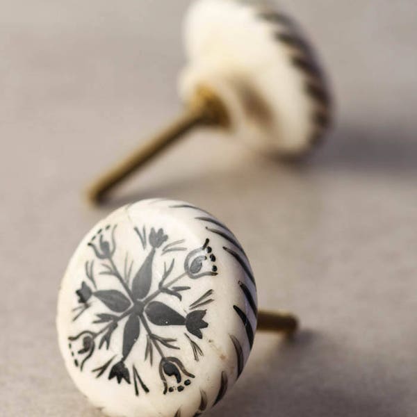 Black and White Floral Furniture Bone knob (Sold in Sets)