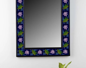 Lotus Design Blue Color Floral Leafy Spiegel zum Aufhängen an der Wand  - Get your Custom Size Spiegel Made-National Flower of India