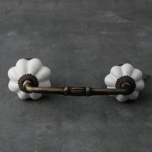 以下が含まれることがあります： かぼちゃの形をしたノブが2つ、真鍮の棒で繋がった白いセラミック製の引き出しの取っ手。