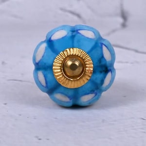 Vintage  White and Turquoise Color  Ceramic Wardrobe Cabinet Knobs - Melon Shaped Drawer Pulls & Dresser Handles for Kitchen Decor Set