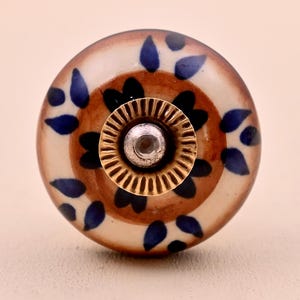 Handmade Cream, Brown & Blue Leaf Design Ceramic Cabinet Knob