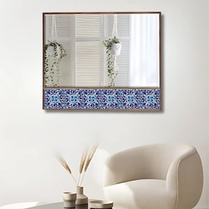Decorative Blue and White Ceramic Tile Mirror – Unique Home Accent, Wall Decor, Handmade Gift, Coastal Style,