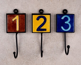 Assorted Multicolor Embossed Ceramic Tile Number Plate Iron Wall Hook | Create Your Own Number Plate Birth Date Hooks