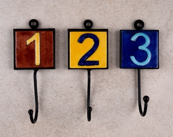 Embossed Ceramic Number Wall Hook: Multicolor Iron Frame