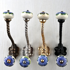 Handmade Ceramic Blue Pottery Wall Hooks - Purple  White Floral Vintage Metal Furniture & Bath Hangers