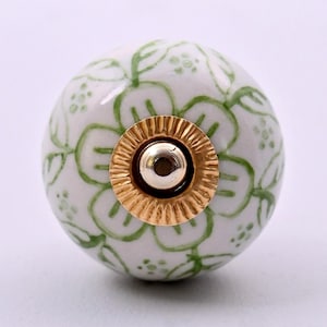 Handmade Green & White Floral Ceramic Cabinet Knob – Decorative Drawer Pull for Dresser