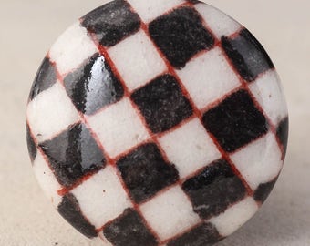 Hand-Painted Ceramic Cabinet Knob: Black & White Checkerboard Drawer Pull
