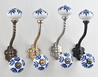 Handmade Blue Pottery Wall Hook: Ceramic Leaf Design, Metal Accent