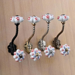 White Hand painted Stylish Ceramic Knob With Metal Wall Hanger