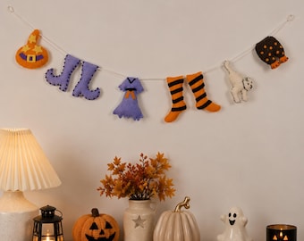 Guirnalda de Halloween de fieltro de lana hecha a mano, decoración de pared espeluznante y caprichosa, pancarta de calabaza, fantasma y murciélago, decoración para fiestas de 60 cm, decoración de chimenea otoñal