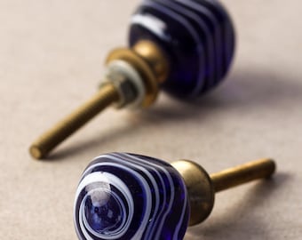 Blue Glass Cabinet Knob with White Swirls