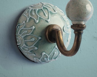 Decorative Teal Embossed Ceramic Round Coat Hook (Sold In Sets)
