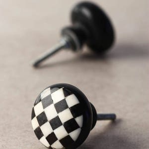 May include: Two black and white checkered cabinet knobs with a silver screw. The knobs are round and have a black base with a white checkered pattern.