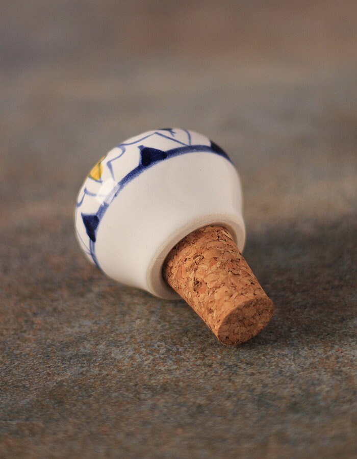 Bouchon De Bouteille De Vin Céramique Floral Peint à La Main - Base Liège - Multicolore
