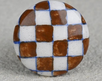 Handmade Checkerboard Ceramic Cabinet Knob: Brown, White & Blue Pottery