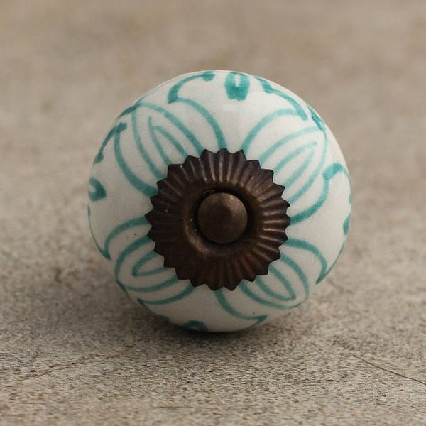 Turquoise Geometric Design on a White Ceramic Cabinet Knobs | Furniture Door Ceramic Knobs | Ceramic Knob (Sold in Sets)